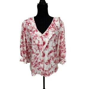 Bobeau Womens Top Size Extra Large Red Floral 3/4 Length Sleeves Ruffle Vneck
